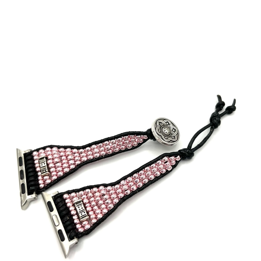 HAND CRAFTED Pink Beaded Leather Apple Watch Strap - Picture 4 of 8